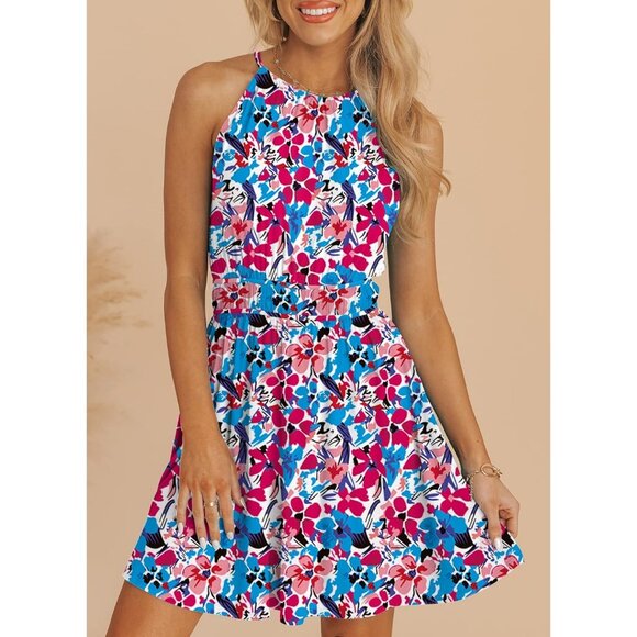 Women Summer Floral Sundress Sleeveless Summer Mini Swing Dresses with Pockets - Picture 7 of 8